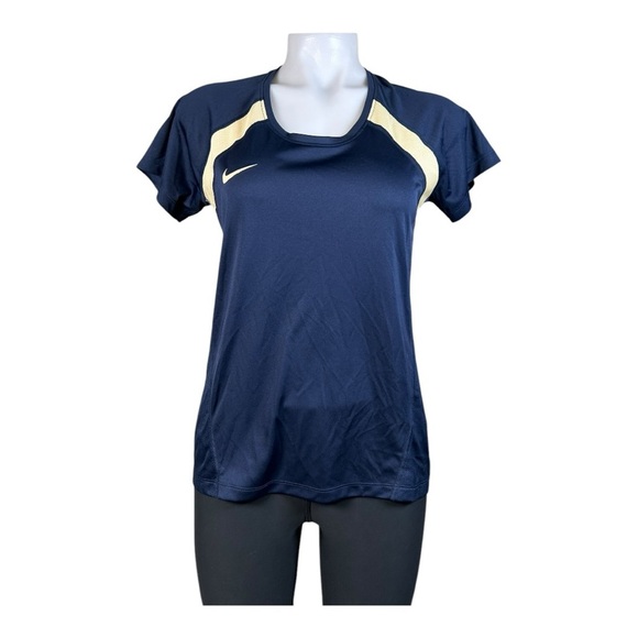 NIKE Shirt Womens XS Navy Blue Gold Dri Fit Round Neck Performance Short Sleeve - Picture 1 of 6